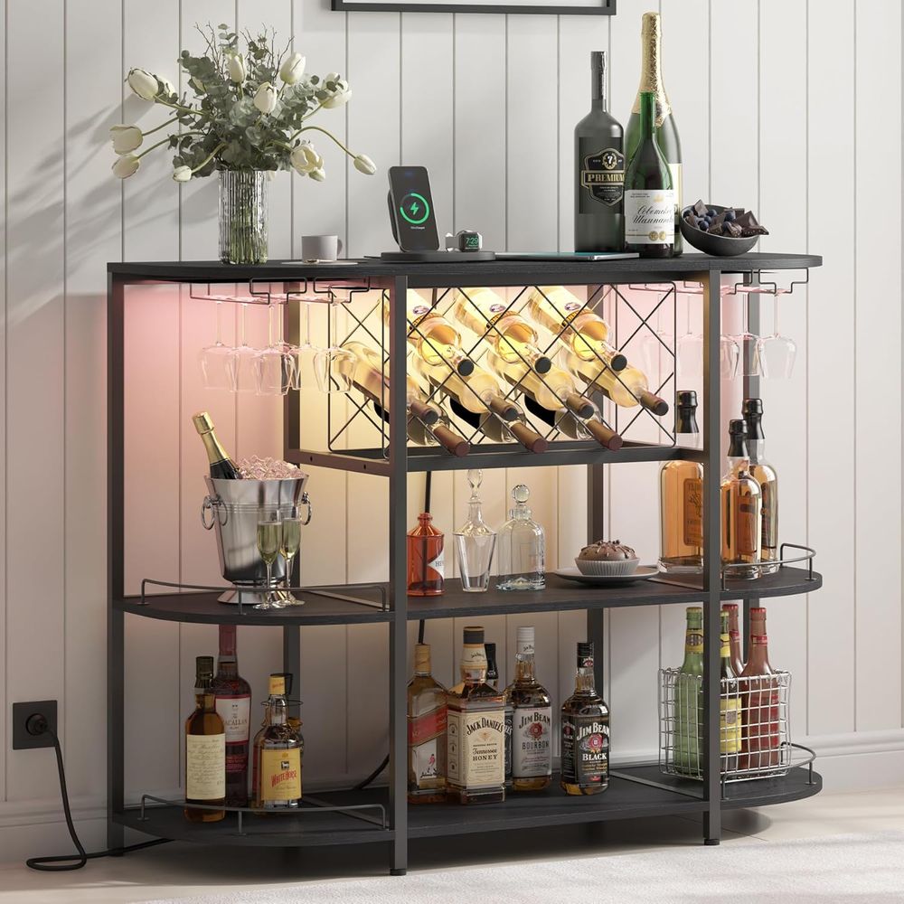 Home Bar And Coffee - Schwarzer 3-stufiger Couchtisch mit Weinregal, Steckdose