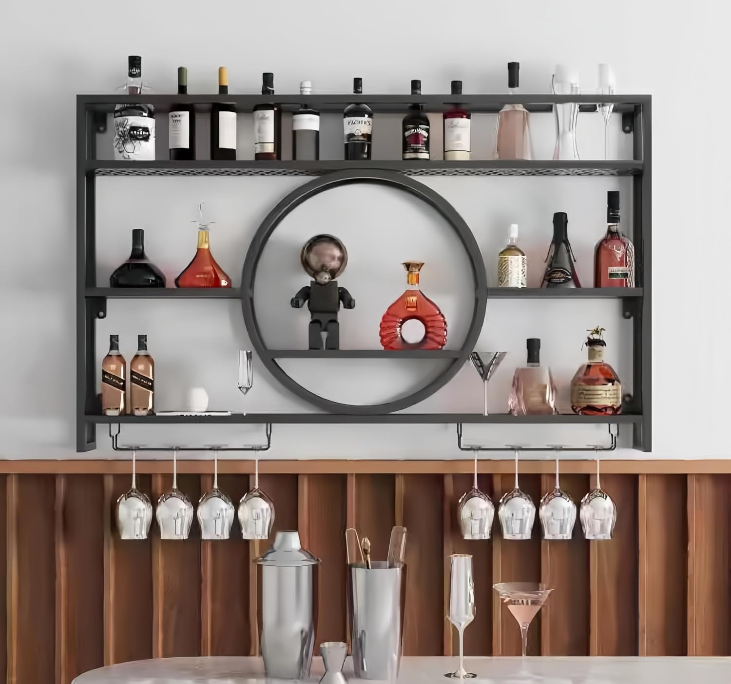 Home Bar Shelves - Schwarzes Metall-Wandregal für Weinflaschen mit Glashaltern,